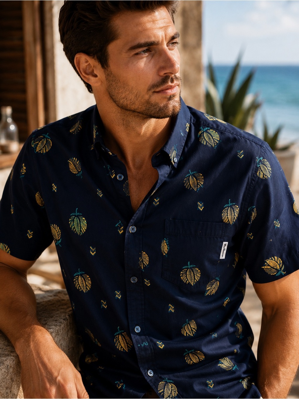 Ben Sherman Navy Leaf Print Resort Button Down Shirt Mens Medium NWT